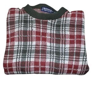 Scottish Isle by Bernette 100% Cotton Plaid Knit Sweater Red Green Size Large